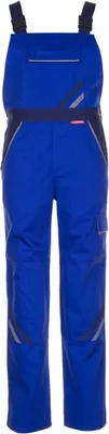 A full-body shot of blue overalls against a white background.