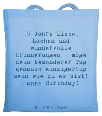 Produktbild von Mr. & Mrs. Panda totebag Spruch 95. Geburtstag - Sky Blue - Geschenk, Lebensabschnitt, Geburtstagsgeschenk, Happy Birthday, Shopping Tasche, Beutel, Liebe, Tote Bag