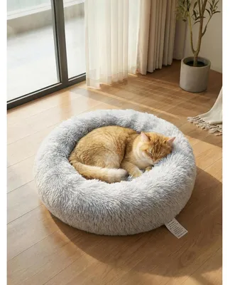 Produktbild von Hundebett Rund Waschbar Flauschig Anti Angst Katzenbett Donut Plüsch Hellgrau L 50x50x20 cm