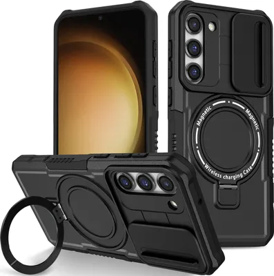 Produktbild von Handyhülle für Samsung Galaxy S23 Kompatibel mit MagSafe, Robuste Hülle mit Schiebe Kamera Schutz, Magnetischer Ringständer Schwarz