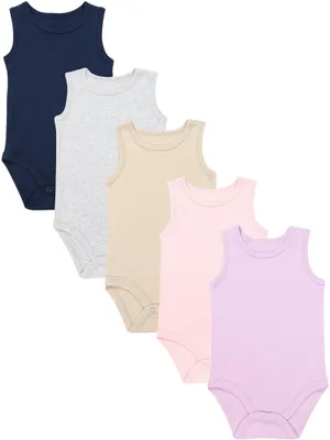 Produktbild von TupTam Baby Body Mädchen 5er Pack – Ärmelloser Body Baby aus Baumwolle, Ideal als Unterwäsche oder im Sommer, Farbe: Blau_Beige_Grau_Pink_Lila, Größe: 122