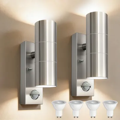 PIR Außenwandleuchte GU10, Edelstahl, IP54, 2× LED 3000K, 10W, Silber