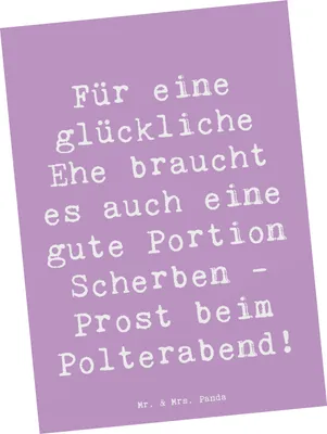 Produktbild von Mr. & Mrs. Panda Postkarte Spruch Scherben Polterabend - Lavendeltraum - Geschenk, Freunde und Familie, Heiraten, Grußkarte, bildkarte, Humor, Heirat, Geschenke, Feier