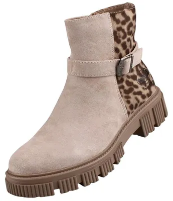 Ein beiger Stiefel ist von der linken Seite zu sehen Er hat eine robuste Sohle und seitliche Details