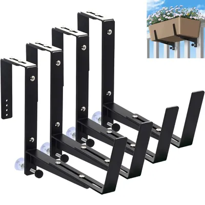 Produktbild von Blumenkasten Halter 4er Set, verstellbar für Balkon Geländer, Metall schwarz, hohe Tragkraft bis 40kg, stabil, kippsicher, wetterfest