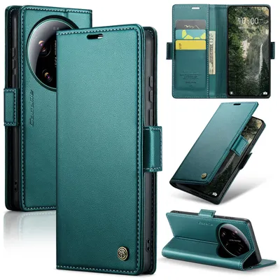 Produktbild von Lederhülle für Xiaomi 17 Ultra Brieftasche Kartenfach Schutzhülle mit Standfunktion Grün