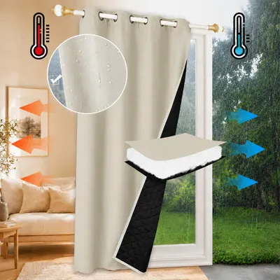 Image de Rideau de porte extérieur, 110x203 cm, imperméable, rideau thermique anti-froid et anti-chaleur, rideau occultant avec œillets, poche à tringle, pour jardin ou terrasse, couleur beige