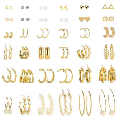 Produktbild von 36 Paar Goldene Perlenohrringe Set für Damen mit Verschiedenen Stilen