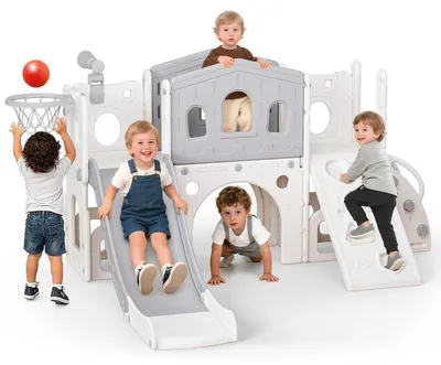 Kinderrutsche & Klettergerüst 9-in-1 mit Kletterrampe, Grau