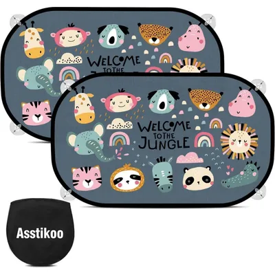 Image de Protection solaire pour voiture, protection UV pour bébé, 51x31 cm, lot de 2, motifs d'animaux, multicolore