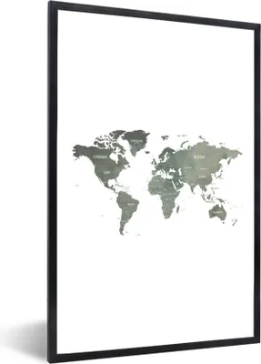 Produktbild von MuchoWow® Gerahmtes Poster Weltkarte - Grau - Land 40x60 cm - Poster mit Schwarzem Bilderrahmen Wandposter Rahmen Foto Bilder - Papierdruck - Wandbilder