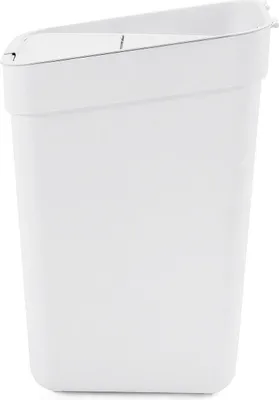 A white trash can with a slanted opening.