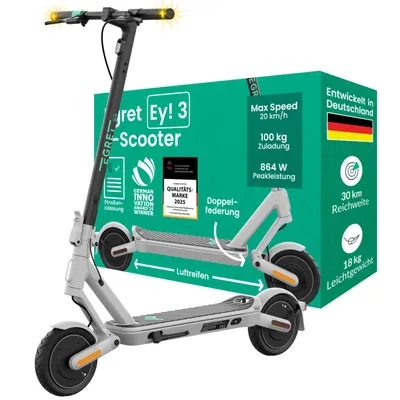 Produktbild von EGRET E-Scooter mit Straßenzulassung (ABE), 18,6 kg leicht, 30 km Reichweite, 9" Luftreifen, 2x Federung, Blinker, 100 kg Traglast, App – Ey! 3