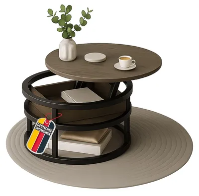 Produktbild von Couchtisch SWING Grau mit verstellbarer Tischplatte & verdecktem Aufbewahrungsfach, Metall & Holz, Beistelltisch für Wohnzimmer, Sofatisch rund mit Stauraum, Metalltisch modern, Tisch für die Couch