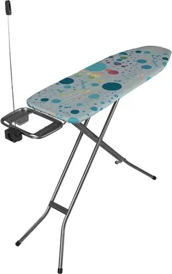 An ironing board with a patterned cover is shown against a white background.
