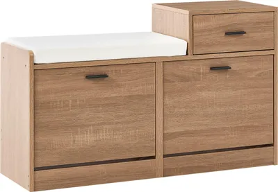 Produktbild von BELIANI Niedriger Schuhschrank Hellbraun Faserplatte mit 2 Klapptüren Sitzbank Schublade Modern Schuhkipper Schuhkommode Flur Diele Ankleide Garderobe