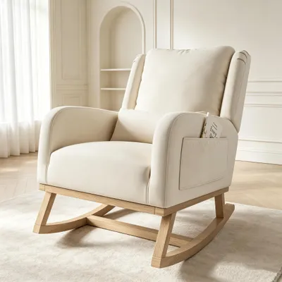 Produktbild von INONEFT schaukelstuhl mit Lendenkissen, Einzelsessel mit Rückenlehne, Relaxstuhl mit Armlehnen und Seitentasche, Leinen, Beige