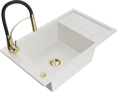 Produktbild von Mexen Elias 1 Becken-Granitspüle mit Abtropffläche und Mischbatterie Aster, Weiß - 6511-20-73450-57-G