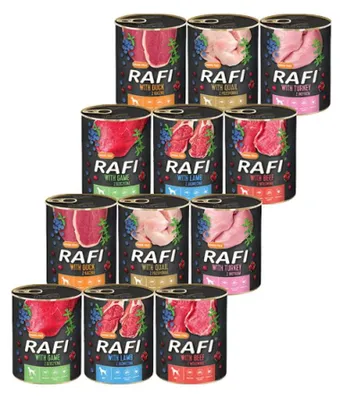Zdjęcie produktu dla Rafi Mokra Karma dla Dorosłych Psów 6 Smaków Puszka Zestaw 12 x 400 g