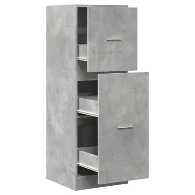 A tall, narrow cabinet with a concrete-like finish and two doors, one slightly open.