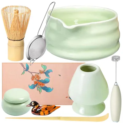 Produktbild von Matcha-Tee-Set - 9-teilig - Porzellan - Matcha-Besen - Löffel - Sieb - Schale - Zubehör