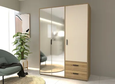 Image de Armoire de chambre - MOKKARO -Reproduction Chene et sable - 3 portes battantes - 2 tiroirs - 2 miroirs - L144,4 x P52,7 x H200cm