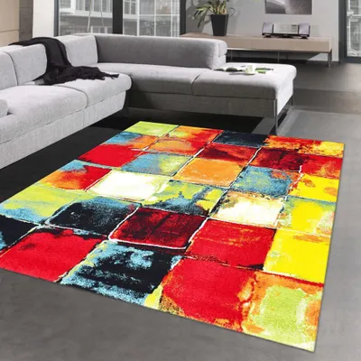 Image de Tapis design moderne carrés multicolores orange vert taille - 120x170 cm