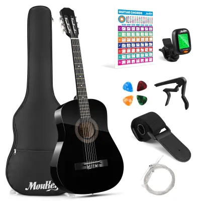 Produktbild von Moukey Akustikgitarre für Anfänger, Kinder, Jugendliche, Erwachsene, Dreadnought-Gitarre, Acustica-Kit mit Akkord-Poster, Gigbag, Stimmgerät, Plektren, Nylonsaiten, Kapodaster, Gurt, 96,5 cm, Schwarz