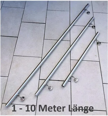 Three stainless steel handrails of different lengths are laid out on a tiled floor.