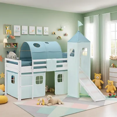 Produktbild von Homestyle4u Kinder Hochbett 90x200 Rutsche Vorhang Tunnel Turm grün Kinderbett