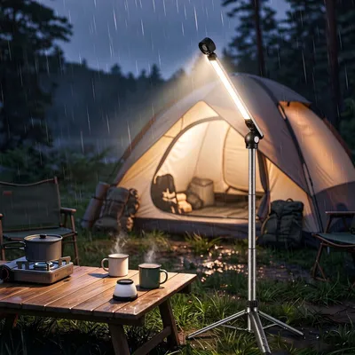 Produktbild von Campinglampe Aufladbar mit Stativ, LED Camping Licht, Tragbare Campingleuchte, Magnetfuß, 10000mAh 6 Lichtmodi für Outdoor, Werkstatt & Notfall
