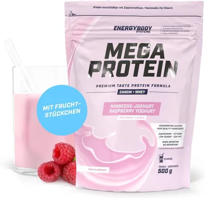 Produktbild von Energybody Mega Protein "Himbeere-Joghurt", Proteinpulver mit Whey und Casein, Eiweißpulver, 500 g Beutel
