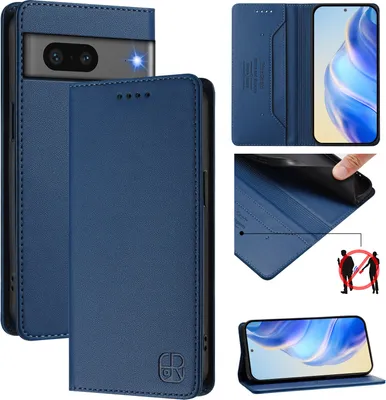Produktbild von Lederhülle für Google Pixel 7 Hülle Flip Brieftasche Kartenfächern Ständer Schutzhülle Blau