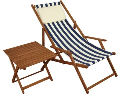 Produktbild von Liegestuhl blau-weiß Strandstuhl klappbar Tisch Kissen Buche Gartenliege Sonnenliege 10-317TKH