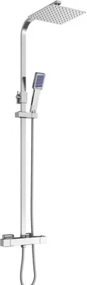A modern chrome shower system with a rainfall showerhead and a handheld showerhead, mounted on a vertical pole with controls at the base.