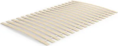 A wooden bed slat base is shown from a diagonal angle against a white background.