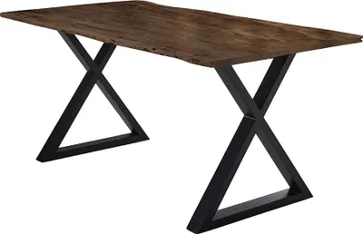 Produktbild von Esstisch 160x85 cm Lubin, Akazienholz nussbaumfarben, Massiver Esszimmertisch mit echter Baumkante, Baumkantentisch mit geschlossenem X-Gestell Schwarz, 26 mm Tischplatte