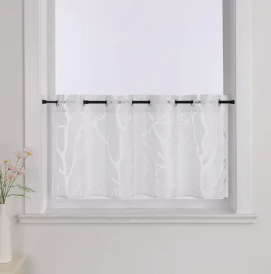 Produktbild von Scheibengardine, Ösen, Voile Bistrogardine Küchengardinen, Kurzstore mit Astmuster, halbtransparent, Weiß B x H 120 x 30 cm