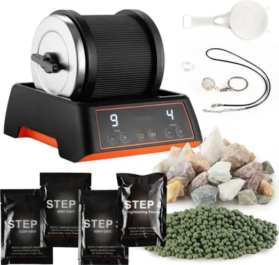 Obrázek produktu pro Elektrická leštička na kámen – kamenný buben – kapacita 0,9 kg – 4 rychlosti otáčení – 9denní časovač – sada s neopracovanými kameny a lešticími zrny – intuitivní ovládací panel – černá barva