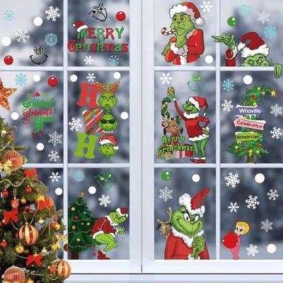 Obrázok produktu pre Vianočné nálepky Grinch, obojstranné, samolepiace, zimná výzdoba, 9 hárkov