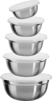 A stack of five stainless steel mixing bowls with white lids, arranged from smallest to largest.