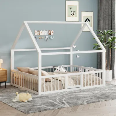 Obrázek produktu pro Kovový rám postele s plochým designem, dětská postel s dekorativními lištami - bez matrace, rozměry 140 x 200 cm, bílá barva