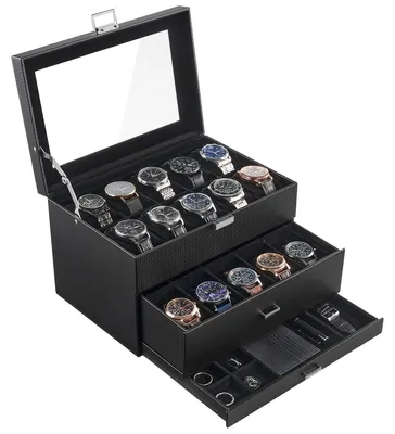 Produktbild von Uhrenbox Schmuckkasten Uhrenkoffer - 20 Fächer - Kunstleder - Glasdeckel - 28 x 19 x 18 cm