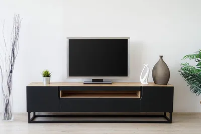 Zdjęcie produktu dla SZAFKA RTV LOFT PÓŁKA POD TV na metalowych nogach 200 cm CZARNY MAT DĄB