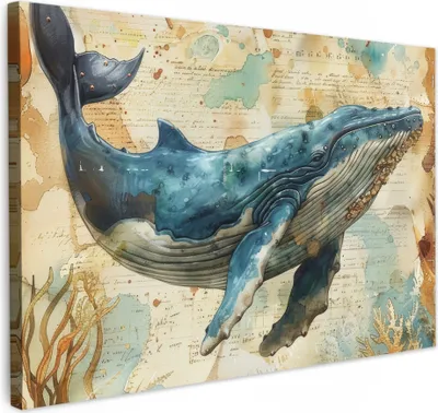Produktbild von MuchoWow® - Leinwandbilder - Vintage - Wal - Aquarell - Blau - Meerestiere, Wandbild, Wanddeko Bilder Wohnzimmer, 30x20 cm