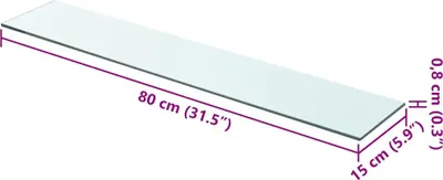A transparent glass shelf with dimensions indicated.