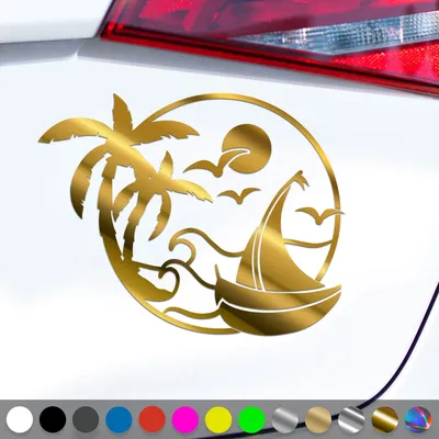 Produktbild von PantherPixel Sonne Strand Aufkleber Palmen Urlaub Reisen Segelboot Sticker Auto Geschenkidee Farbe Chrom-Gold