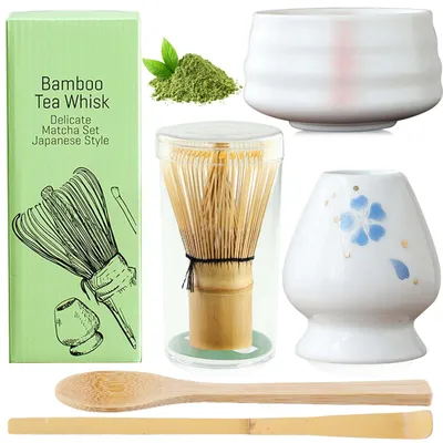 Matcha-Teeset, 5-teilig, Bambusbesen, Keramikschale, weiß