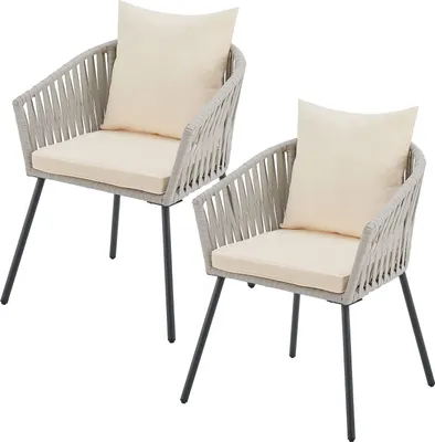 Two outdoor chairs with cushions and back pillows are shown against a white background.