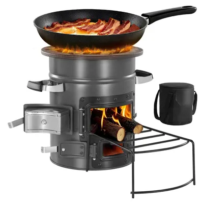 Obrázok produktu pre VEVOR raketový varič, BBQ raketový varič na drevo s taškou na prenášanie, oceľ SPCC, dvojité dvierka, na spaľovanie vetvičiek, palíc alebo dreveného uhlia na varenie v exteriéri, kempingový varič, kempingový gril